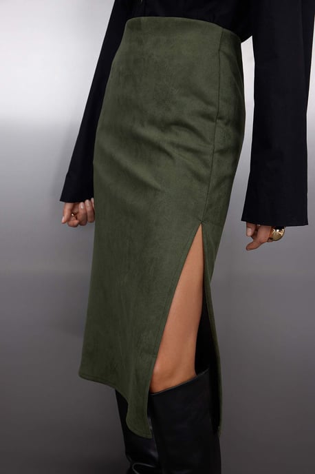 TRENDYOLMİLLA Dam Khaki Enfärgad Midi Penn kjol Kjolar - Image 2