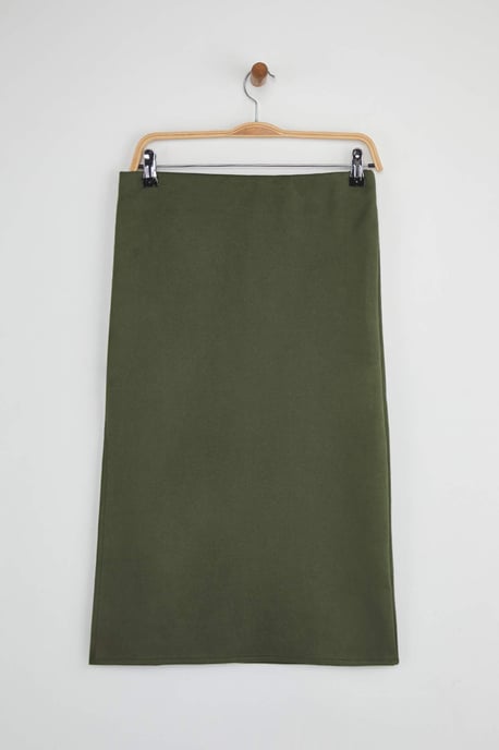 TRENDYOLMİLLA Dam Khaki Enfärgad Midi Penn kjol Kjolar - Image 4