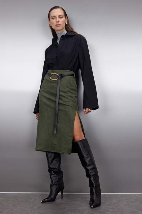TRENDYOLMİLLA Dam Khaki Enfärgad Midi Penn kjol Kjolar - Image 6