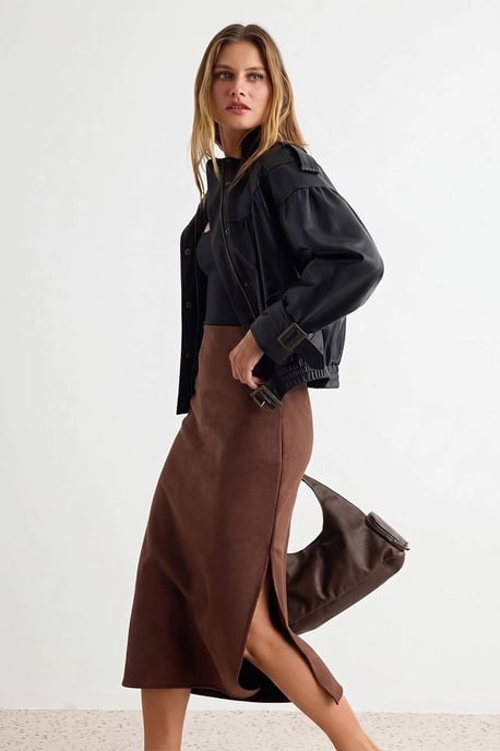 TRENDYOLMİLLA Women's Brown Plain Midi Pencil skirt Skirts - Image 2