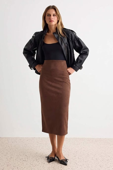 TRENDYOLMİLLA Women's Brown Plain Midi Pencil skirt Skirts - Image 5