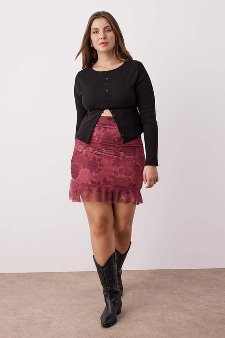Trendyol Curve Dam Vinröd Blommig Kort / Mini Plus size Kjolar - Image 1