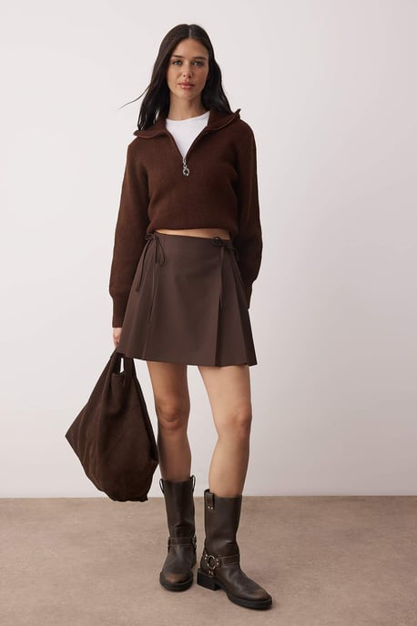 TRENDYOLMİLLA Women's Brown Plain Short / Mini A-line A-line Skirts - Image 2