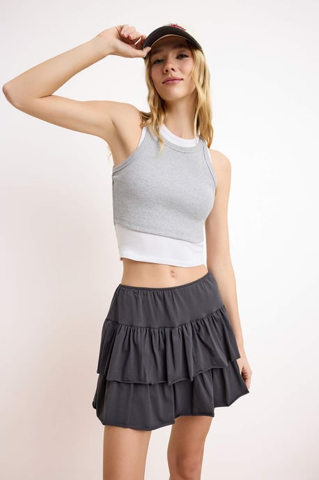 TRENDYOLMİLLA Women's Gray Plain Short / Mini Basic Skort Skirts - Image 3