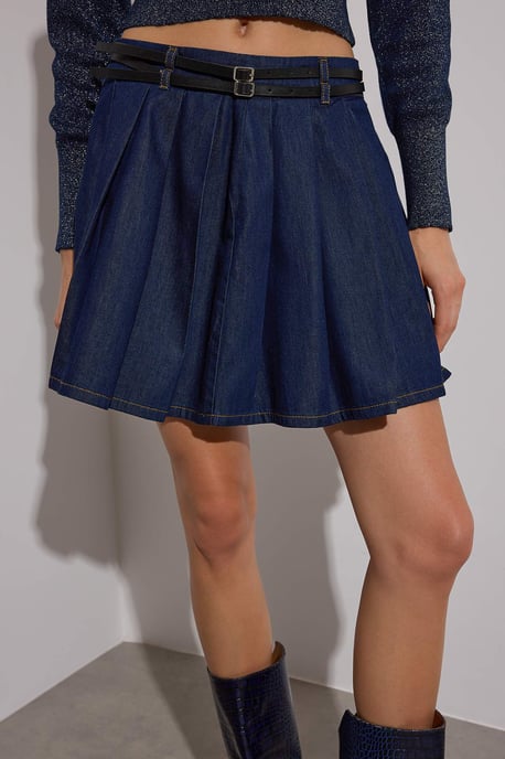 TRENDYOLMİLLA Dames Donkerblauw Effen Kort / Mini Ruchezoom Skater Rokken - Image 2