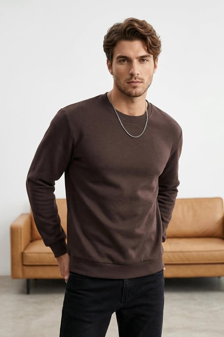 TRENDYOL MAN Men's Brown Plain Long Regular fit Sweatshirts - Image 1