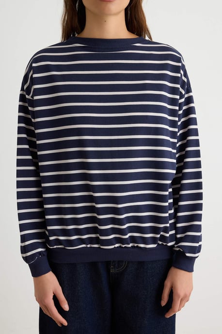TRENDYOLMİLLA Women's Dark blue Striped Long Oversize Sweatshirts - Image 2