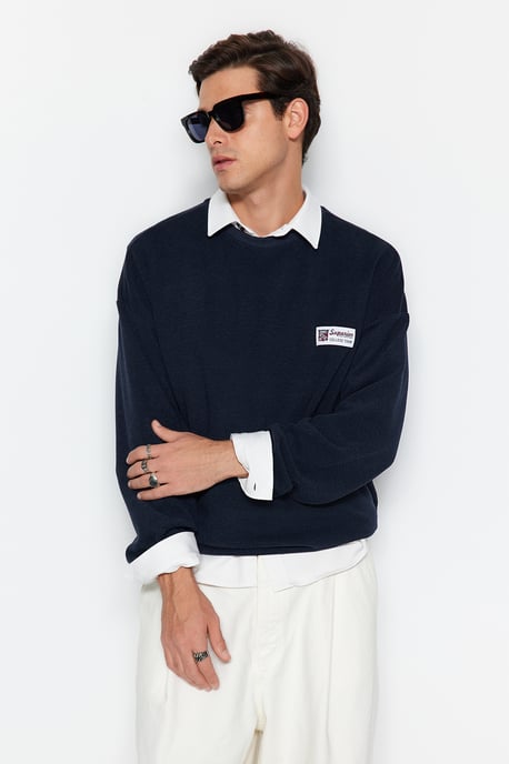 TRENDYOL MAN Herr Mörkblå Slogan Lång Oversize Sweatshirts - Image 6
