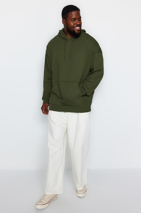 TRENDYOL MAN Herr Khaki Enfärgad Lång Oversize Plus size Sweatshirts - Image 3