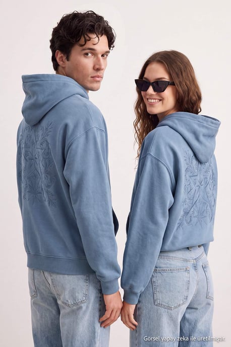 TRENDYOL MAN Men's Blue Slogan Long Oversize Sweatshirts - Image 1