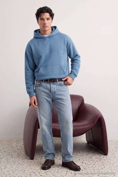 TRENDYOL MAN Men's Blue Slogan Long Oversize Sweatshirts - Image 3