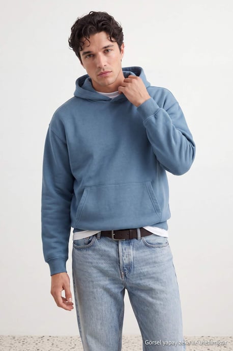 TRENDYOL MAN Men's Blue Slogan Long Oversize Sweatshirts - Image 4