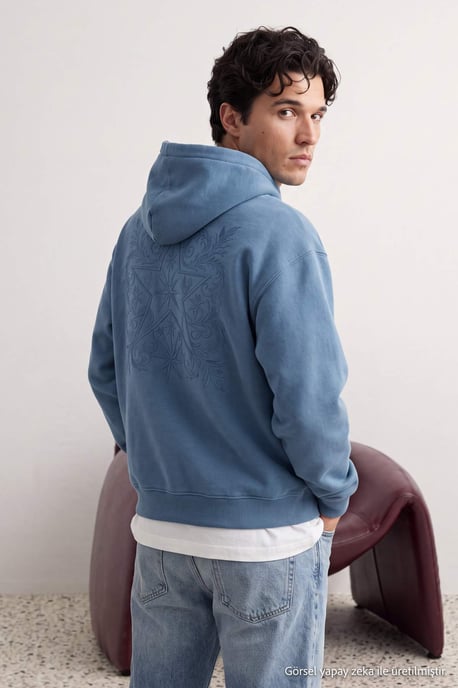 TRENDYOL MAN Men's Blue Slogan Long Oversize Sweatshirts - Image 5