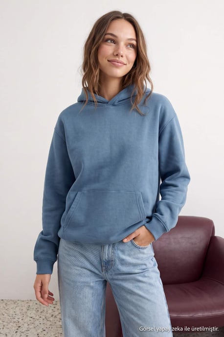 TRENDYOL MAN Men's Blue Slogan Long Oversize Sweatshirts - Image 6