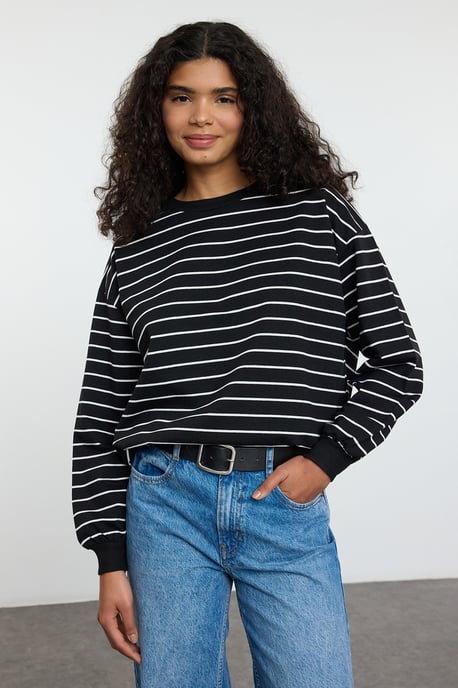 TRENDYOLMİLLA Dames Zwart Gestreept Lang Oversized Sweatshirts - Image 3