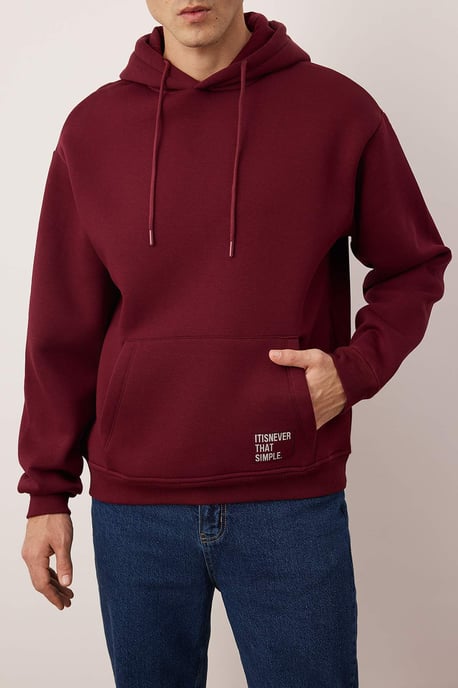 TRENDYOL MAN Men's Burgundy Plain Long Oversize Sweatshirts - Image 2