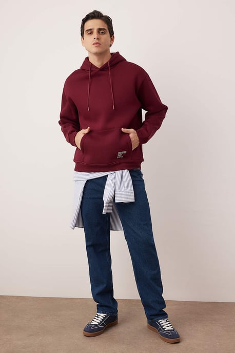 TRENDYOL MAN Men's Burgundy Plain Long Oversize Sweatshirts - Image 6