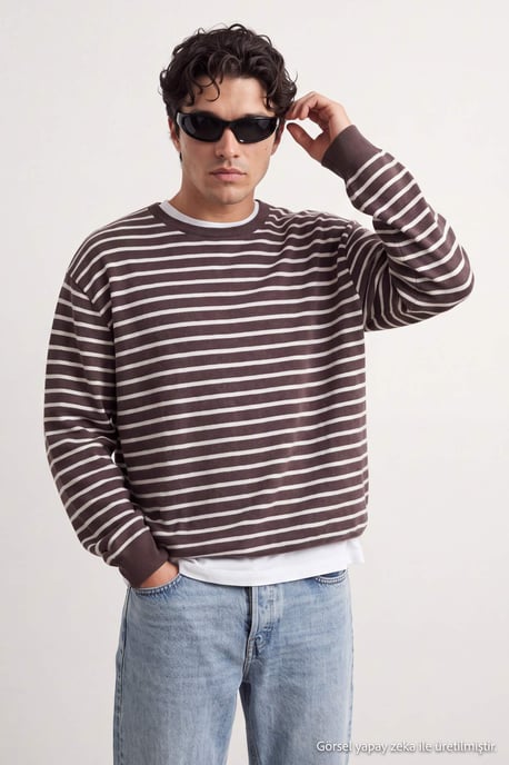 TRENDYOL MAN Herr Brun Randig Lång Oversize Sweatshirts - Image 2