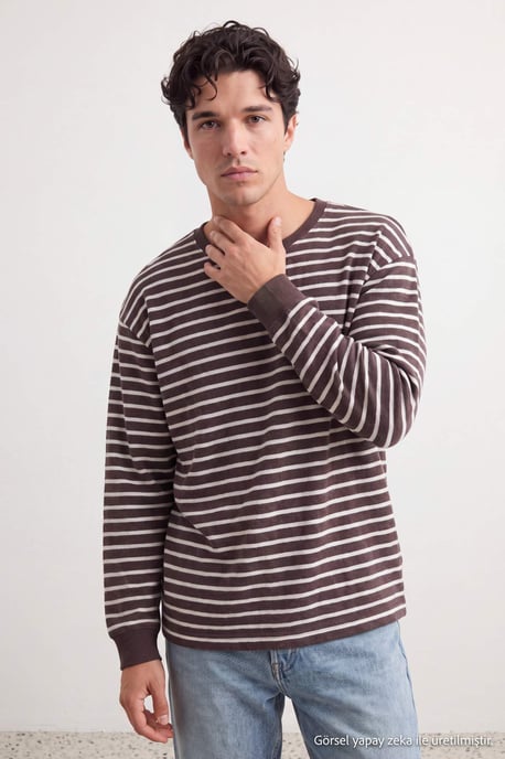 TRENDYOL MAN Herr Brun Randig Lång Oversize Sweatshirts - Image 3