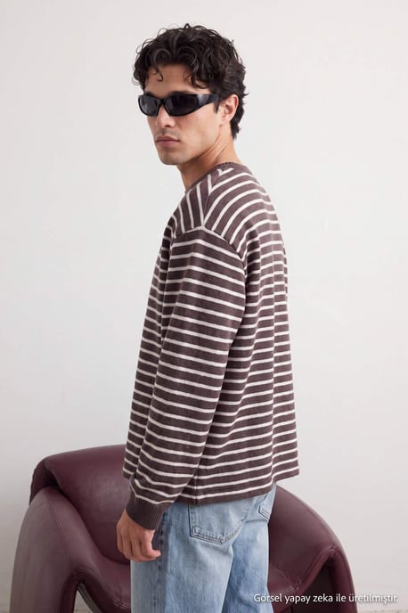 TRENDYOL MAN Herr Brun Randig Lång Oversize Sweatshirts - Image 4