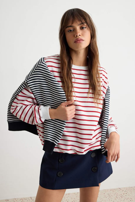TRENDYOLMİLLA Dames Bordeaux Gestreept Lang Oversized Sweatshirts - Image 1