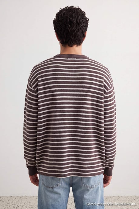 TRENDYOL MAN Herr Brun Randig Lång Oversize Sweatshirts - Image 5