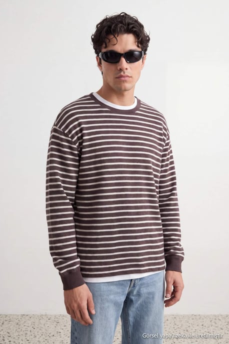 TRENDYOL MAN Herr Brun Randig Lång Oversize Sweatshirts - Image 6