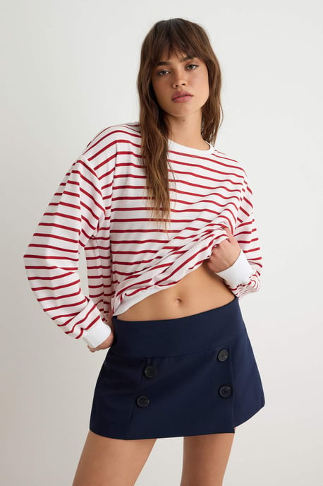 TRENDYOLMİLLA Dames Bordeaux Gestreept Lang Oversized Sweatshirts - Image 4