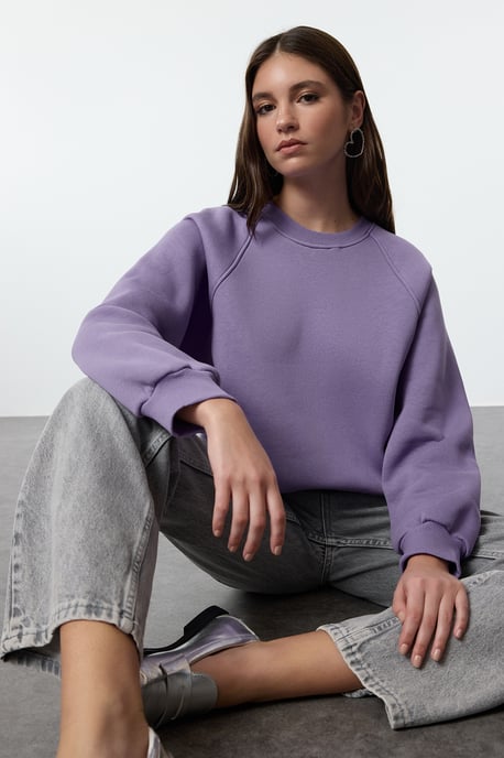 TRENDYOLMİLLA Dames Paars Effen Lang Oversized Sweatshirts - Image 4