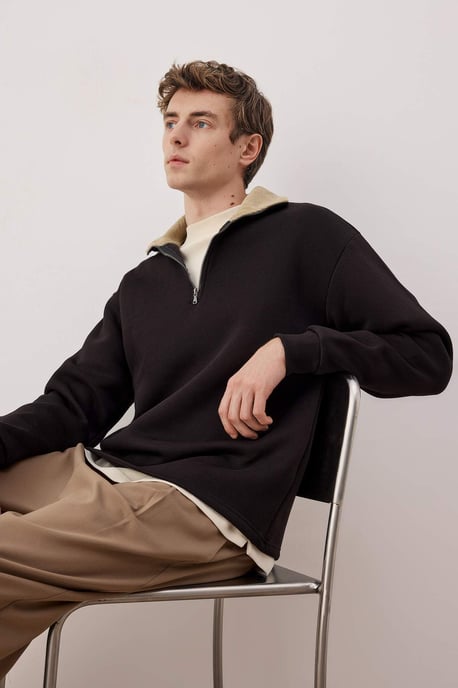 TRENDYOL MAN Herr Svart Färgblock Lång Oversize Sweatshirts - Image 2