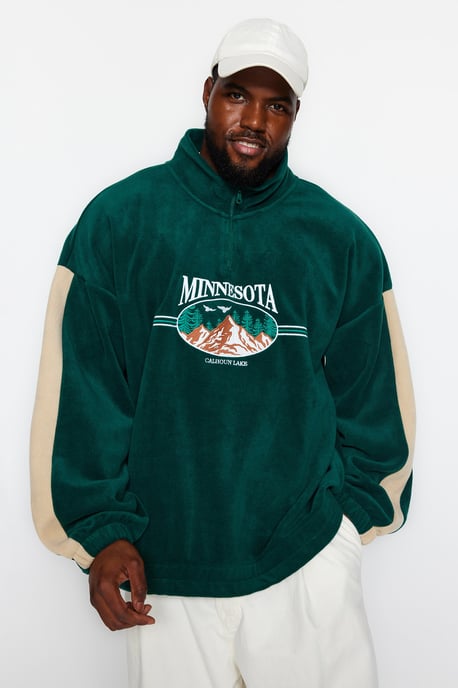 TRENDYOL MAN Men's Green Slogan Long Oversize Plus Size Sweatshirts - Image 2