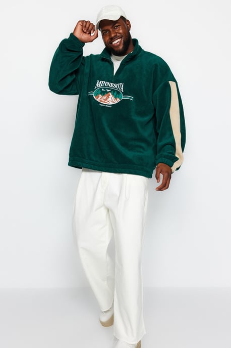 TRENDYOL MAN Men's Green Slogan Long Oversize Plus Size Sweatshirts - Image 6