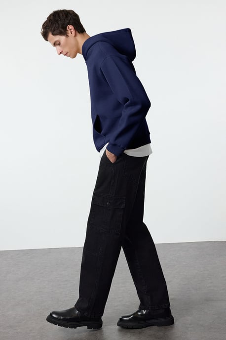 TRENDYOL MAN Men's Dark blue Slogan Long Oversize Sweatshirts - Image 4