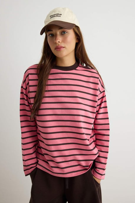 TRENDYOLMİLLA Dames Roze Gestreept Driekwart mouw Oversized Sweatshirts - Image 1