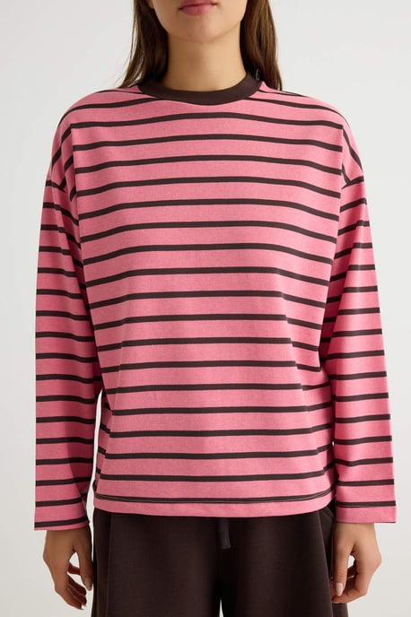 TRENDYOLMİLLA Dames Roze Gestreept Driekwart mouw Oversized Sweatshirts - Image 2