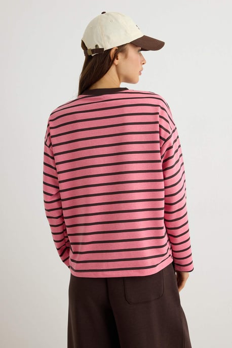 TRENDYOLMİLLA Dames Roze Gestreept Driekwart mouw Oversized Sweatshirts - Image 3
