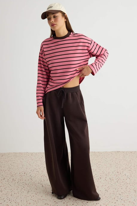 TRENDYOLMİLLA Dames Roze Gestreept Driekwart mouw Oversized Sweatshirts - Image 4