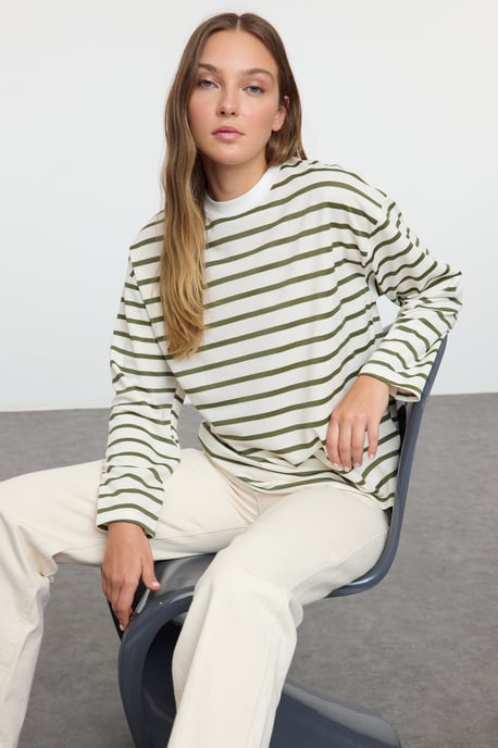 TRENDYOLMİLLA Dames Gestreept Lang Oversized Sweatshirts - Image 3