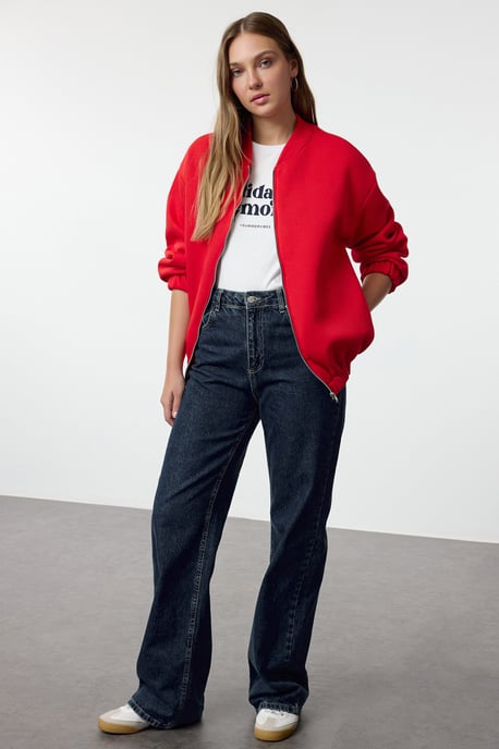 TRENDYOLMİLLA Women's Red Plain Long Oversize Sweatshirts - Image 4
