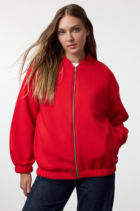 TRENDYOLMİLLA Women's Red Plain Long Oversize Sweatshirts - Image 5
