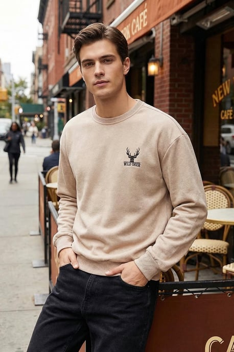 TRENDYOL MAN Herr Beige Djurmönster Lång Oversize Sweatshirts - Image 1