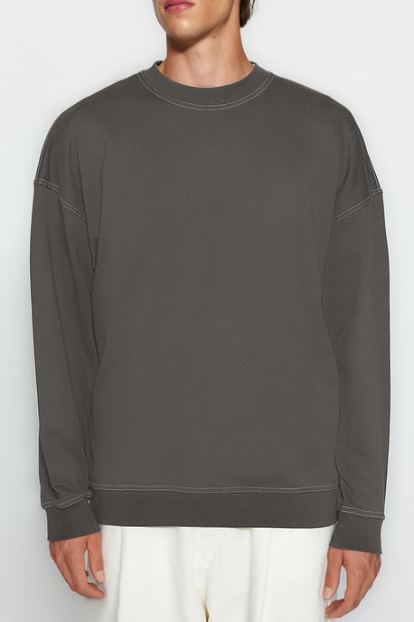 TRENDYOL MAN Men's Gray Plain Long Oversize Sweatshirts - Image 3