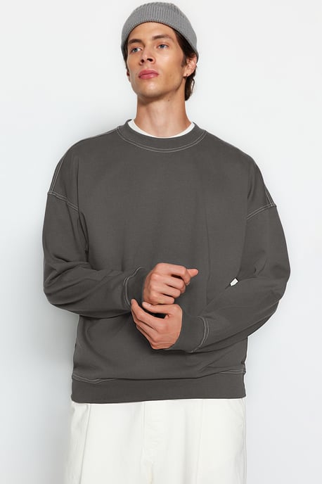 TRENDYOL MAN Men's Gray Plain Long Oversize Sweatshirts - Image 6