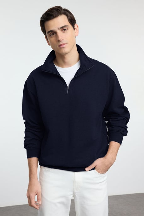 TRENDYOL MAN Men's Dark blue Slogan Long Oversize Sweatshirts - Image 1