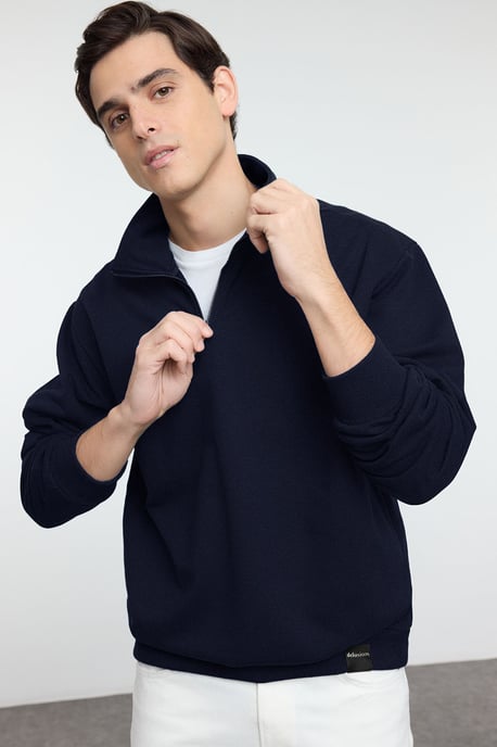 TRENDYOL MAN Men's Dark blue Slogan Long Oversize Sweatshirts - Image 6