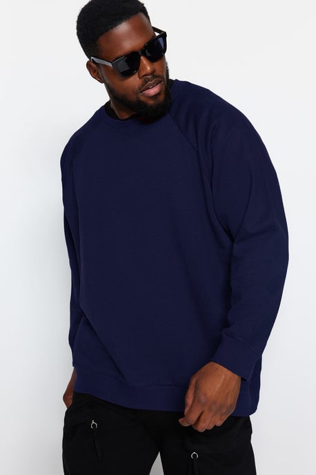 TRENDYOL MAN Men's Dark blue Plain Long Oversize Plus Size Sweatshirts - Image 1