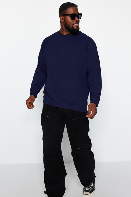TRENDYOL MAN Men's Dark blue Plain Long Oversize Plus Size Sweatshirts - Image 4