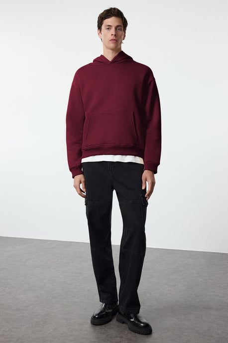 TRENDYOL MAN Herr Vinröd Slogan Lång Oversize Sweatshirts - Image 3