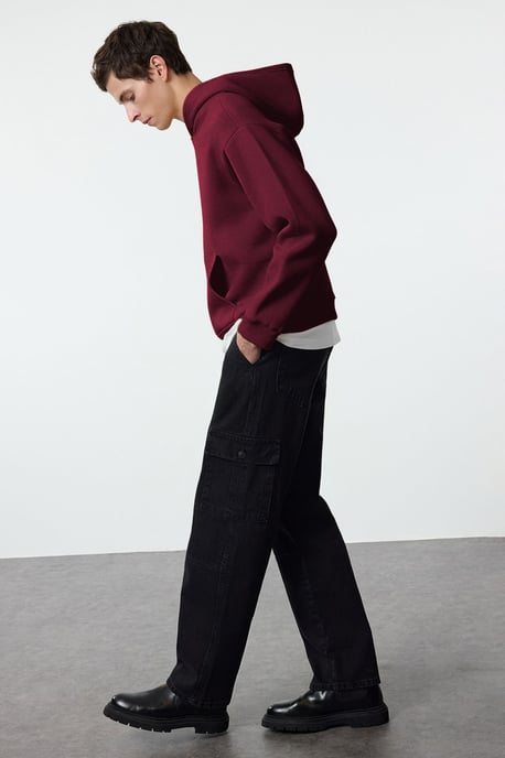 TRENDYOL MAN Herr Vinröd Slogan Lång Oversize Sweatshirts - Image 5