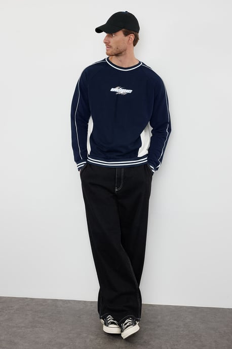 TRENDYOL MAN Men's Dark blue Slogan Long Oversize Sweatshirts - Image 6